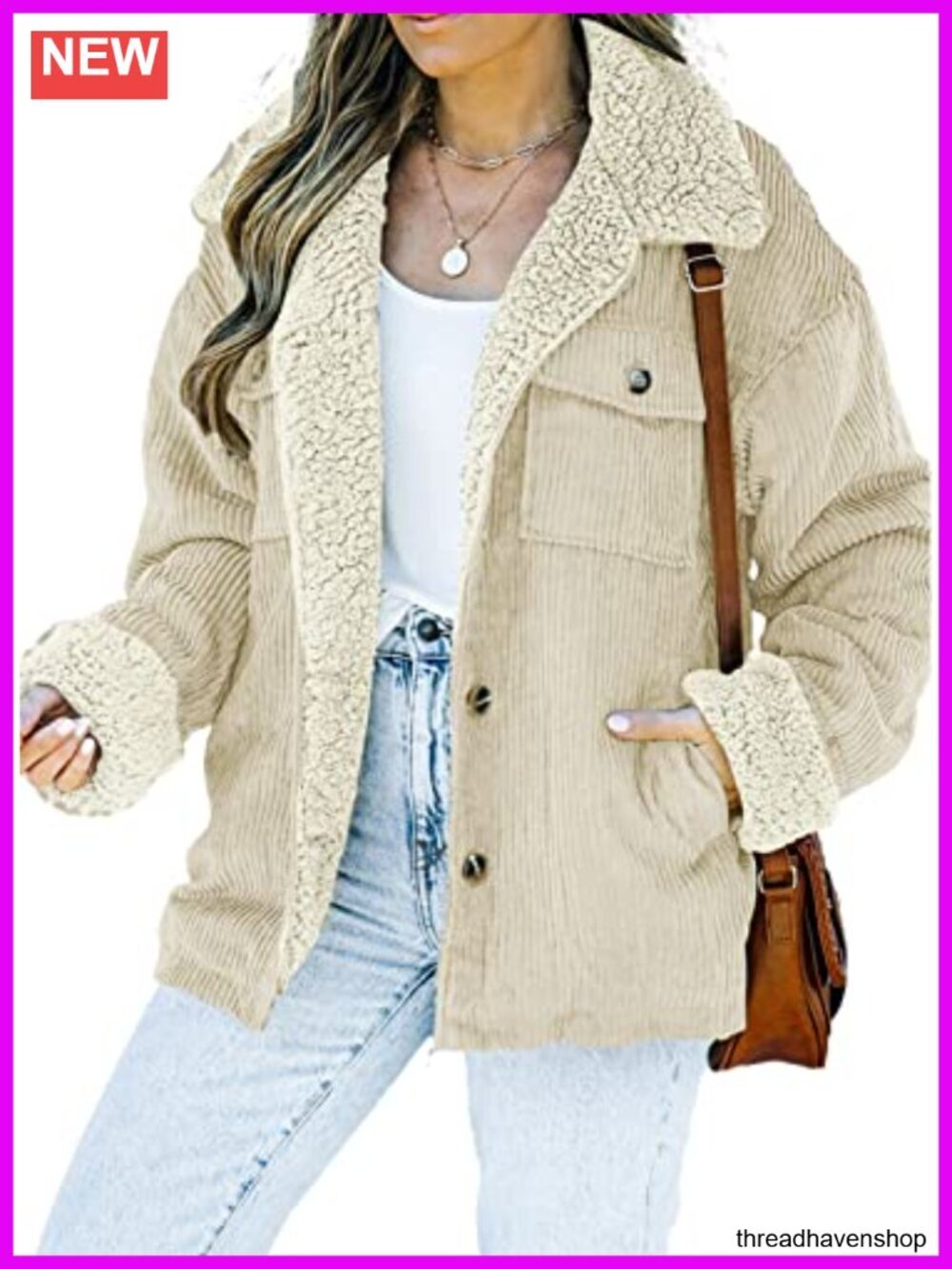 Corduroy Sherpa Jacket Fleece Lined Winter Coat Women Button Down Long Sleeve